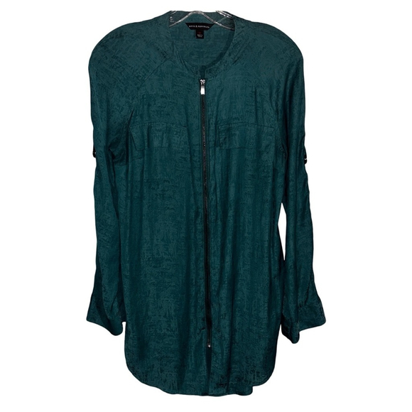 Rock & Republic Forest Green Jacquard Zip Up Tunic Blouse Women’s Medium - Picture 1 of 7